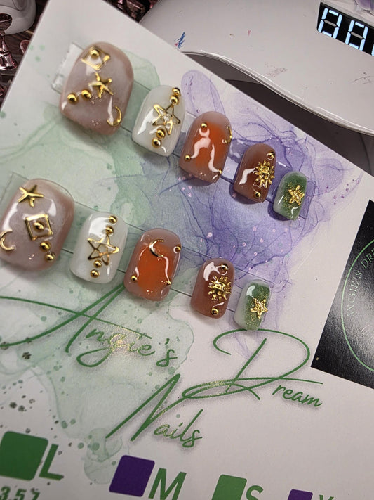 Celestial moon and stars charm press on nails in a size xs 3,6,5,7,9 ready to ship