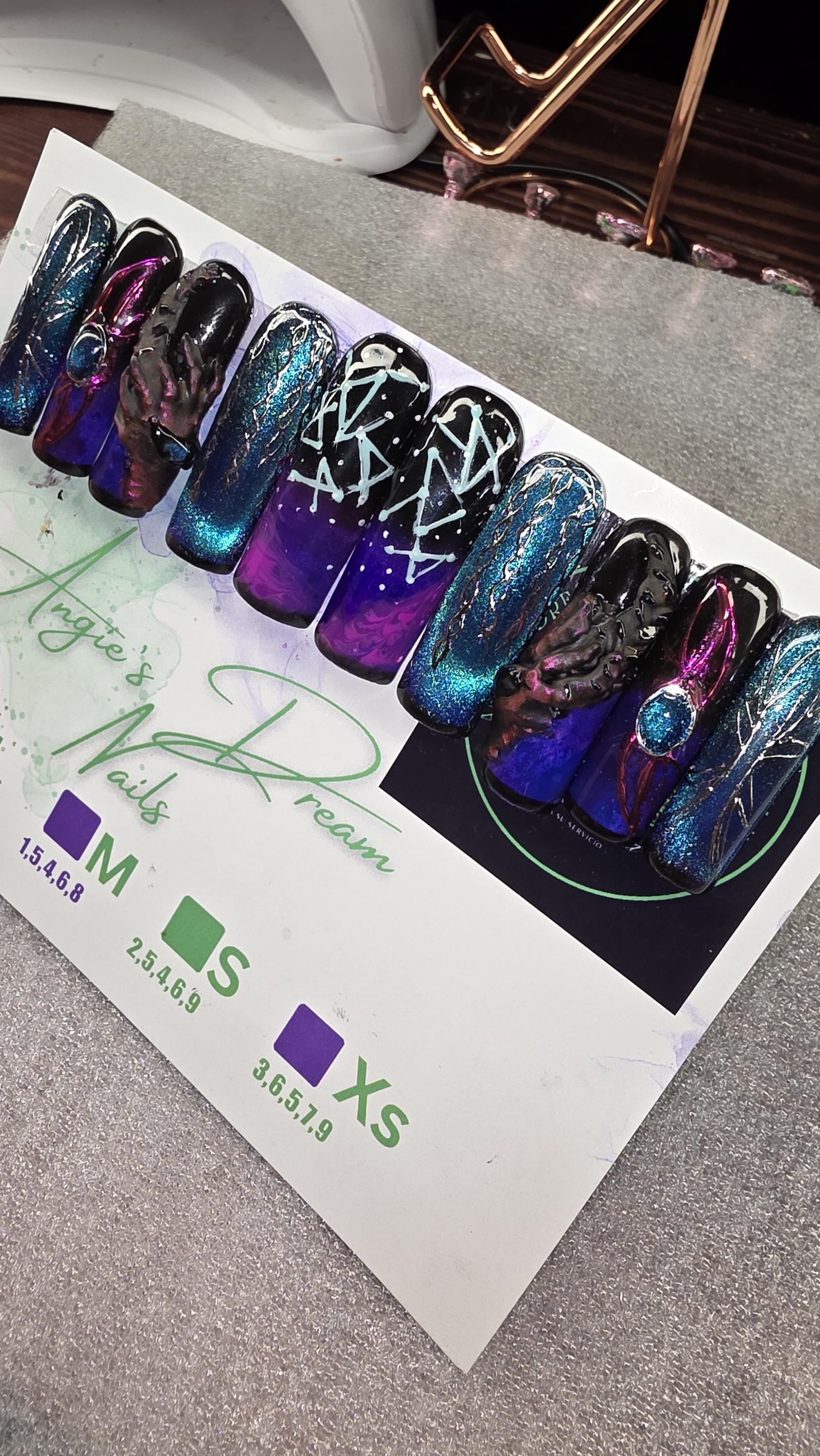 Galactic Grasp xlong squared]press on nails]hand painted] reusable] dragon] galaxy nails