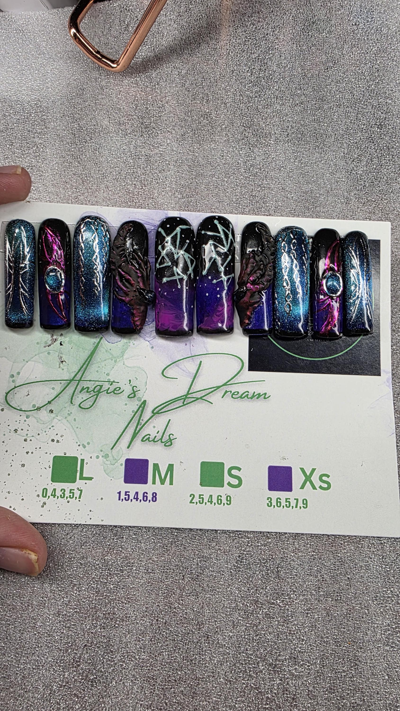 Galactic Grasp xlong squared]press on nails]hand painted] reusable] dragon] galaxy nails