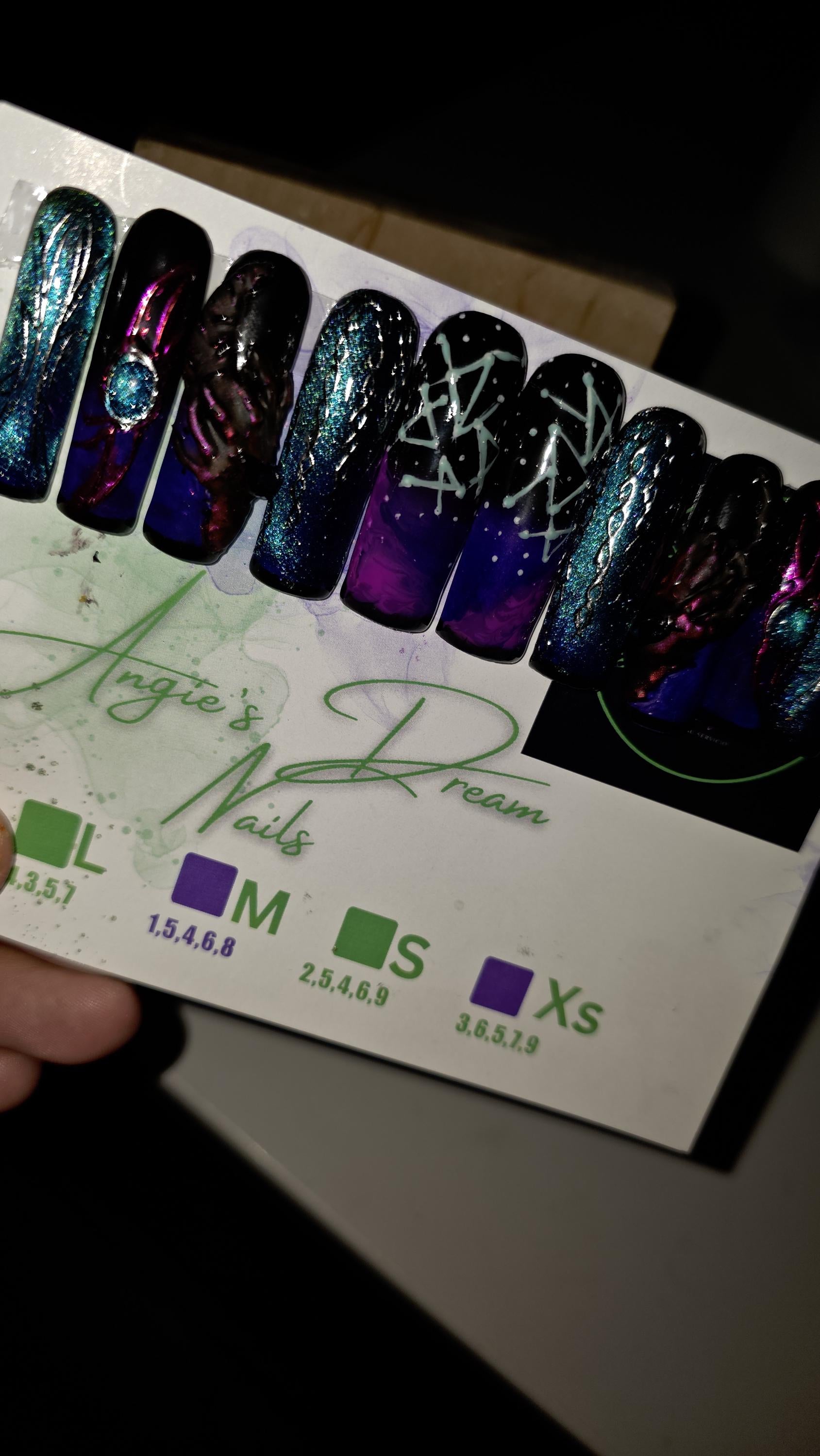 Galactic Grasp xlong squared]press on nails]hand painted] reusable] dragon] galaxy nails