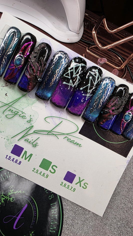 Galactic Grasp xlong squared]press on nails]hand painted] reusable] dragon] galaxy nails