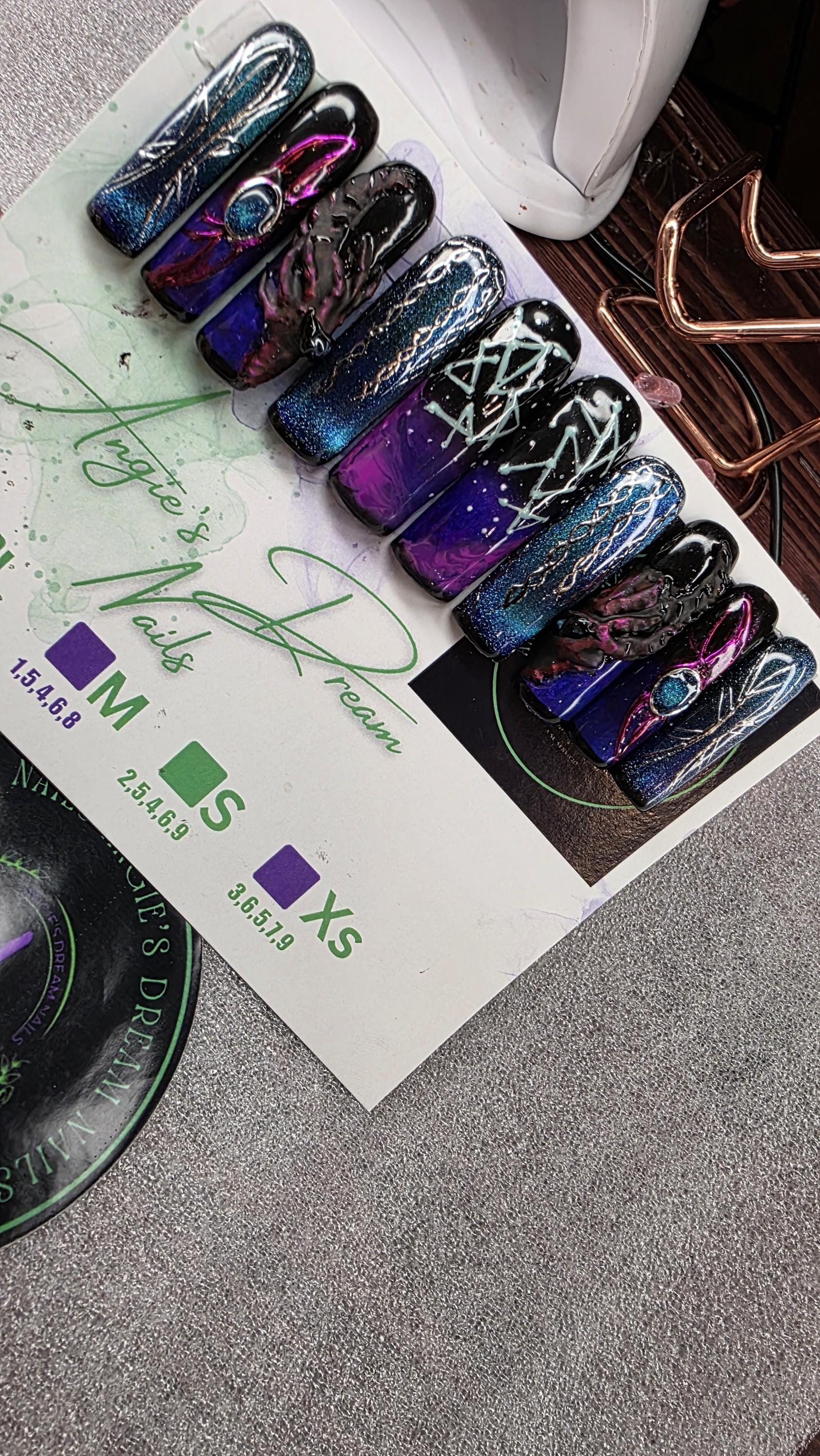 Galactic Grasp xlong squared]press on nails]hand painted] reusable] dragon] galaxy nails