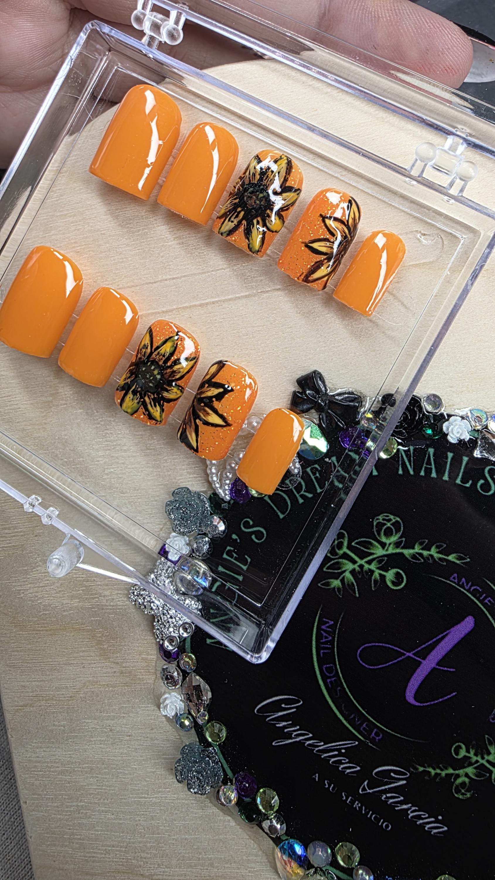 Sunflower nails [press ons] [orange nails]