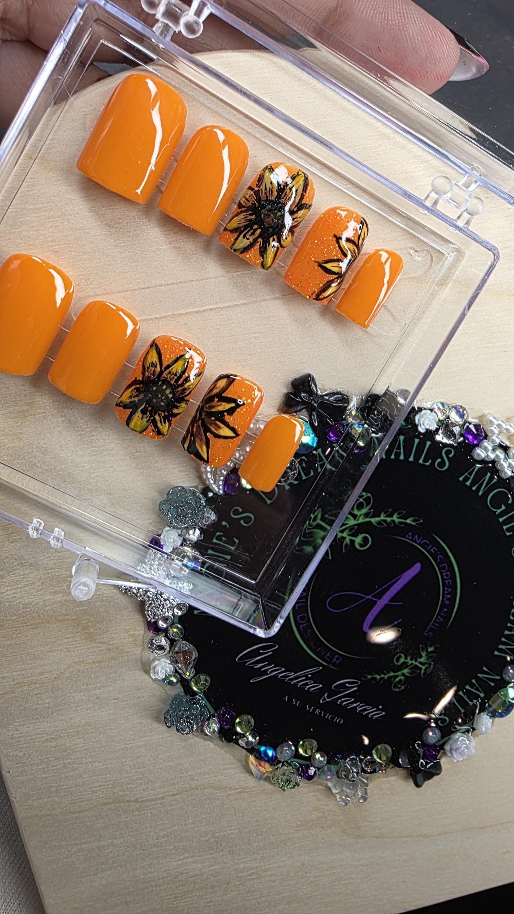 Sunflower nails [press ons] [orange nails]