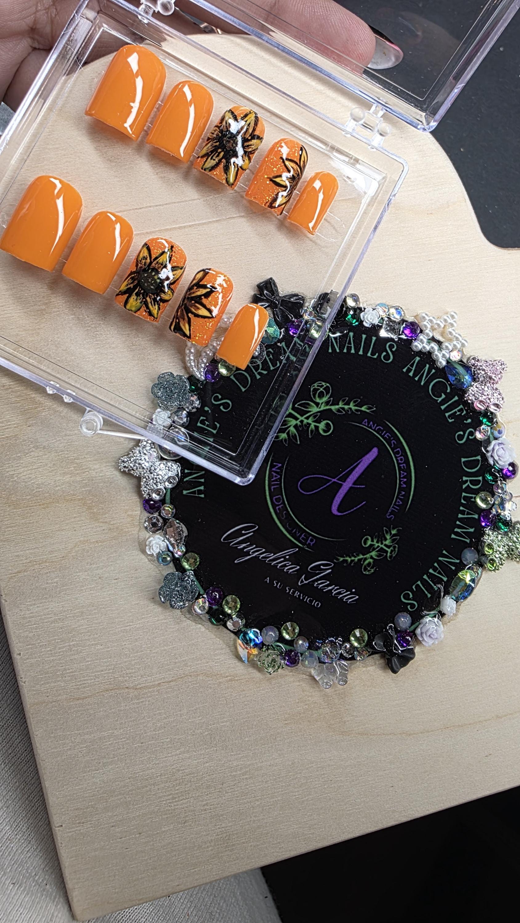 Sunflower nails [press ons] [orange nails]