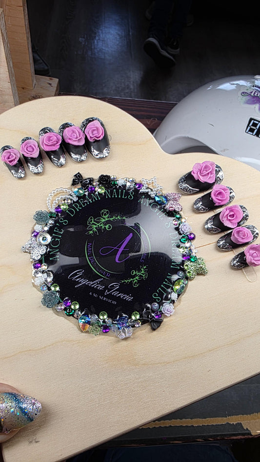 Matte black press on nails [ 3DRoses]metalic details