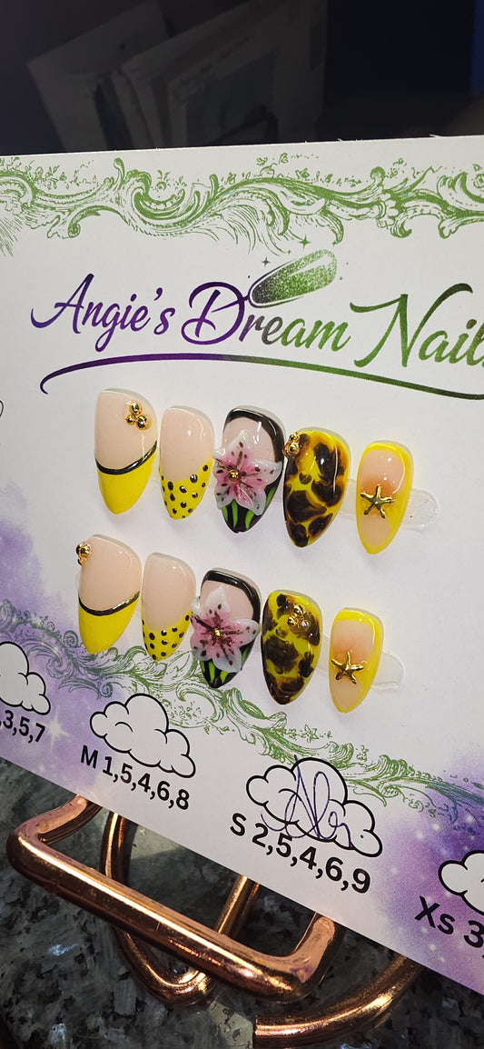 Tropical Luxe – Hand-Painted Neon & Tortoiseshell Press-On Nails
